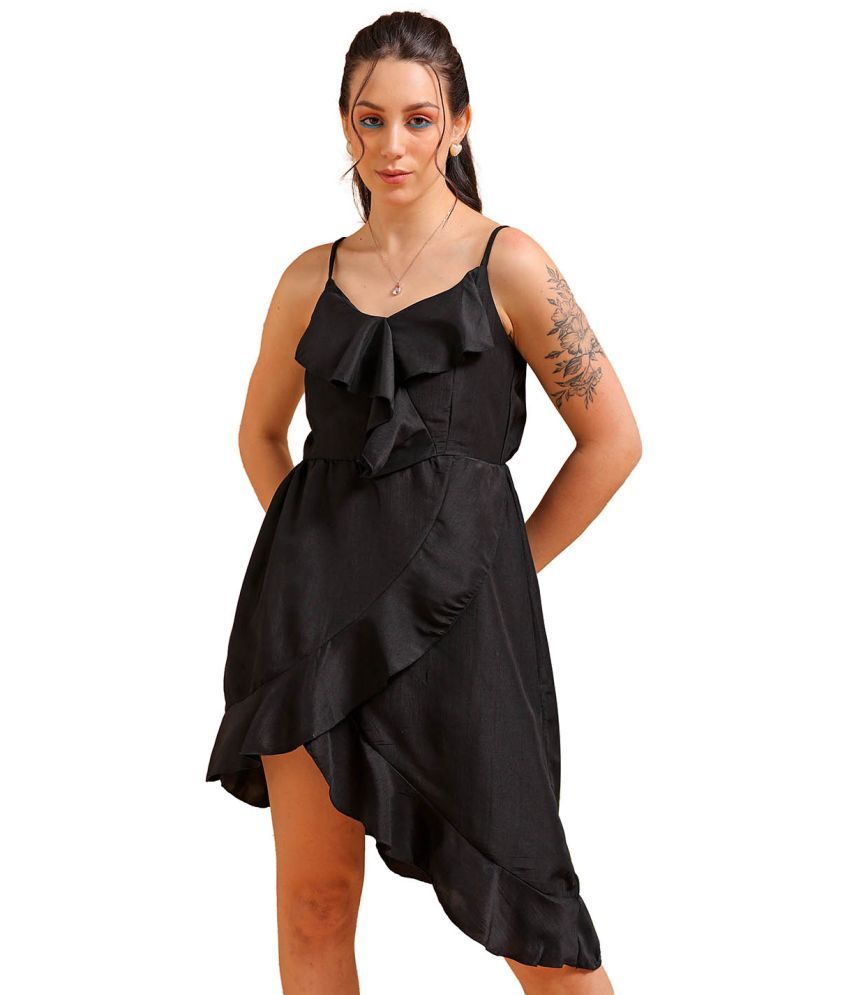     			Freehand Polyester Solid Above Knee Women's Asymmetric Dress - Black ( Pack of 1 )