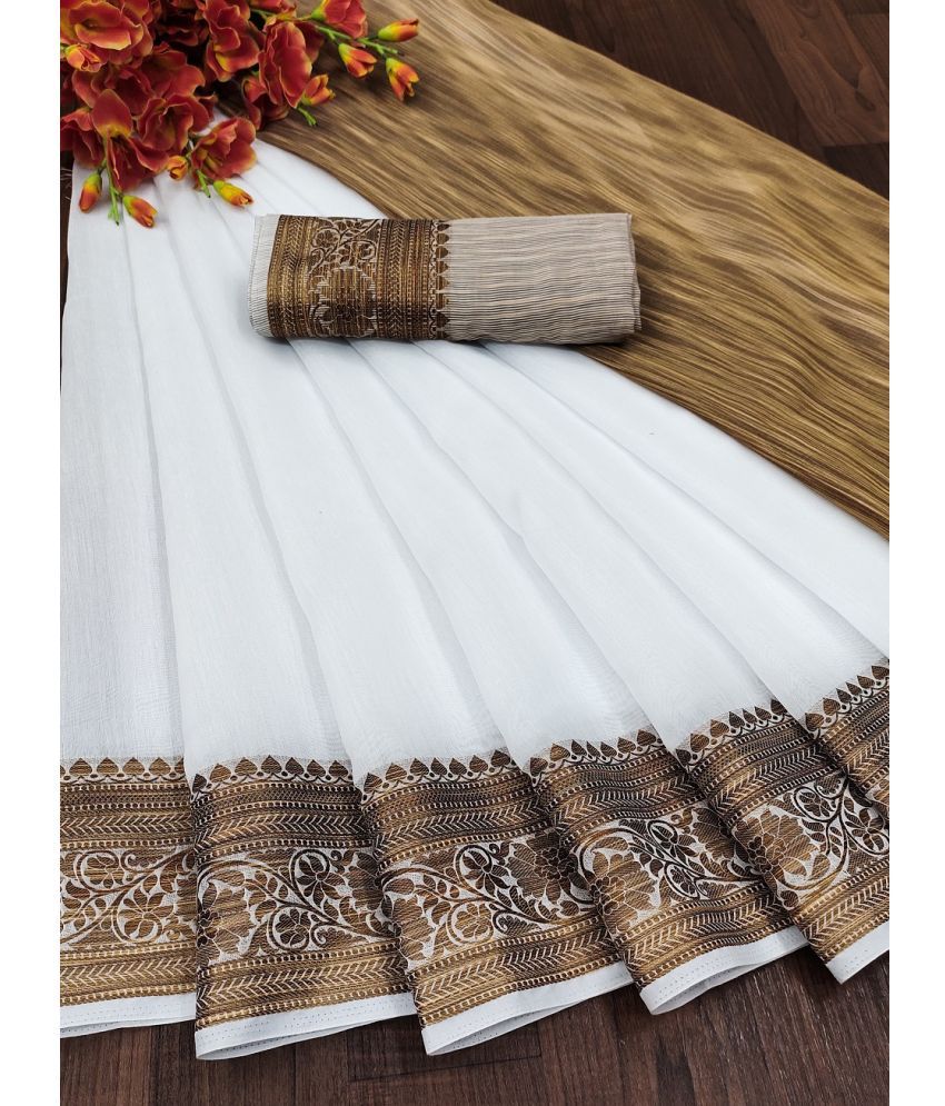     			IndShopMart Cotton Silk Woven Saree With Blouse Piece ( White , Pack of 1 )