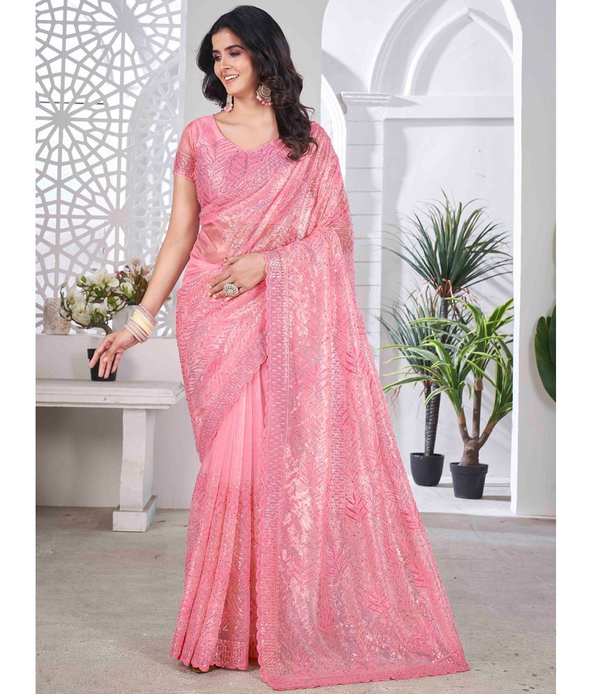     			Nayanthara Trends Net Embroidered Saree With Blouse Piece ( Fluorescent Pink , Pack of 1 )