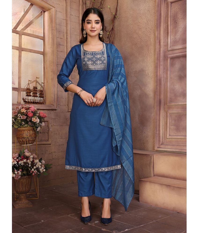     			Royal Export Cotton Blend Embroidered Kurti With Pants Women's Stitched Salwar Suit - Blue ( Pack of 1 )