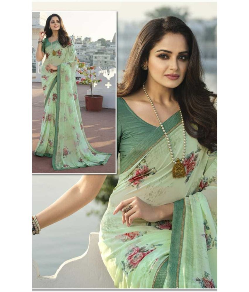     			SARIK  FASHION Chiffon Printed Saree With Blouse Piece ( Light Green , Pack of 1 )