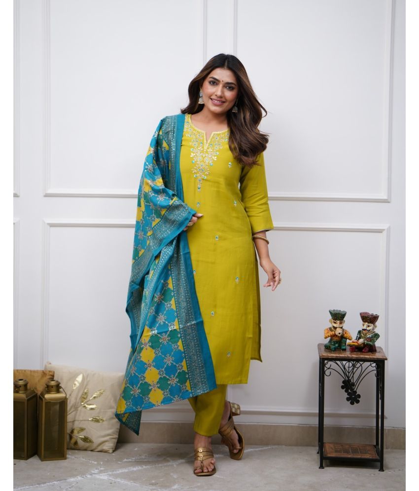     			vesta exports Cotton Embroidered Kurti With Pants Women's Stitched Salwar Suit - Lemon Yellow ( Pack of 1 )