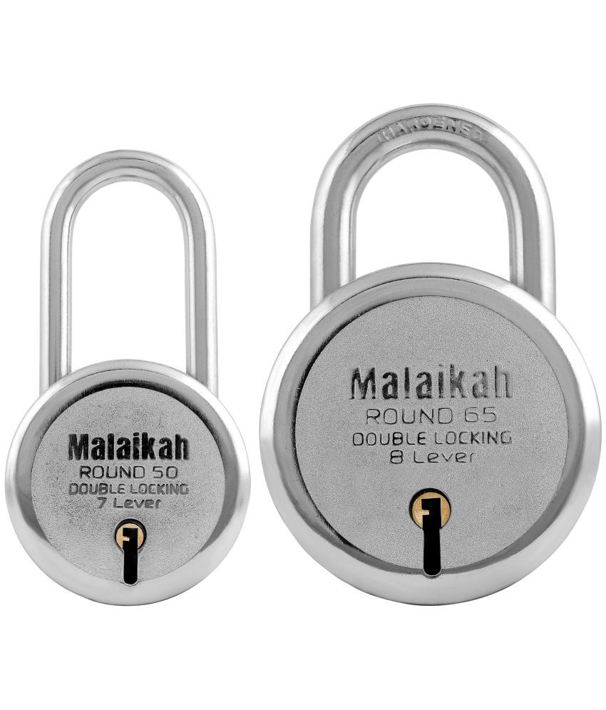     			Malaikah Locks Padlocks Pack Of 2 Round 50mm Long Shackle And Round 65mm Long Shackle With Made In Aligarh India Advanced Security With 7-Lever Mechanism Corrosion-Resistant Steel Perfect For Lockers