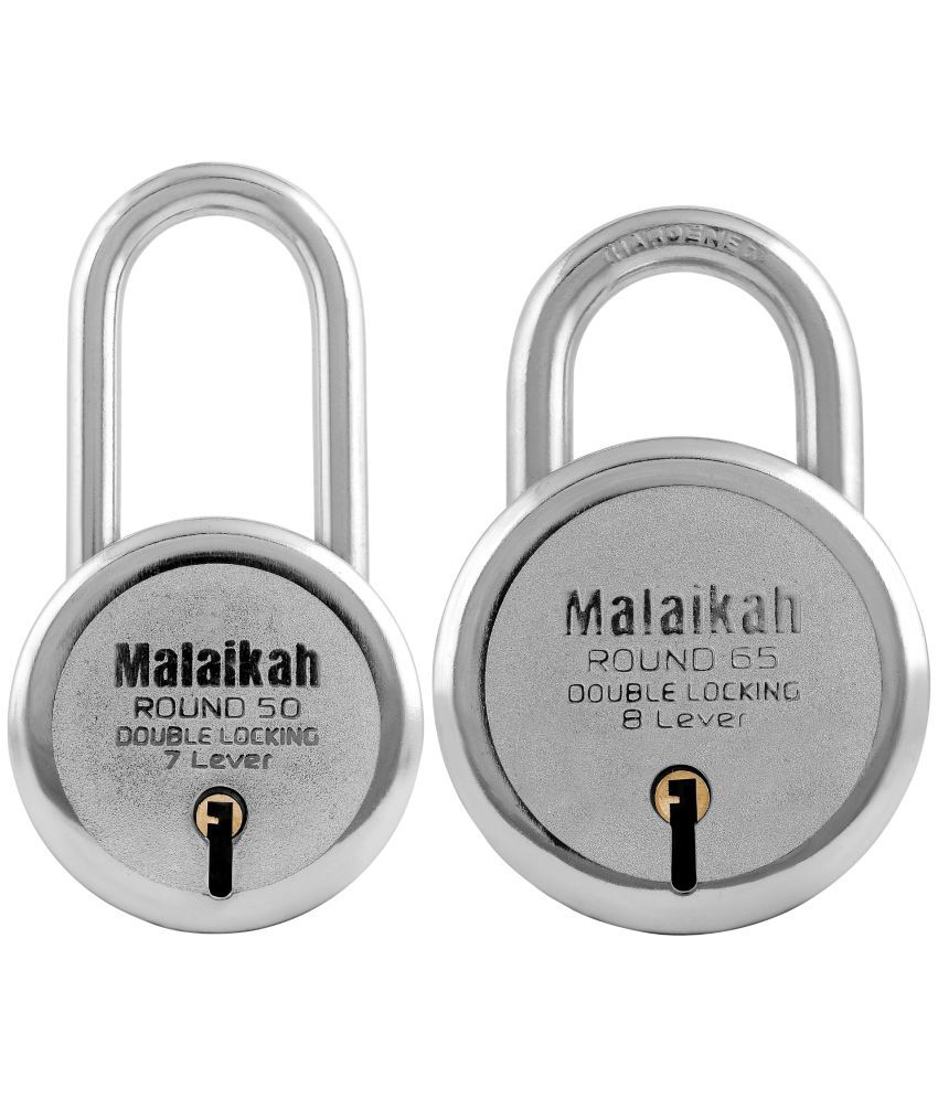     			Malaikah Locks Padlocks Pack Of 2 Round 50mm Long Shackle And Round 65mm With Made In Aligarh India Designed For Heavy-Duty Security Ideal For Warehouses And Shops With 7-Lever Mechanism