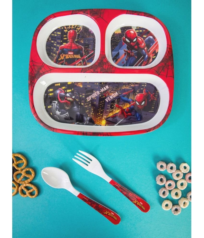     			Servewell Plate, Fork & Spoon -Spiderman Printed Melamine Dinner Set ( Pack of 3 ) Multicolor