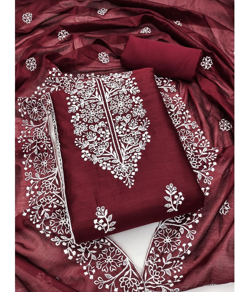     			Nayanthara Trends Unstitched Chanderi Embroidered Dress Material - Maroon ( Pack of 1 )