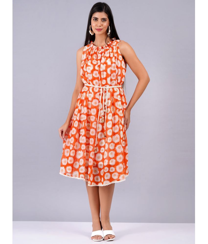     			Oh Mi Dios Georgette Printed Knee Length Women's Fit & Flare Dress - Orange ( Pack of 1 )