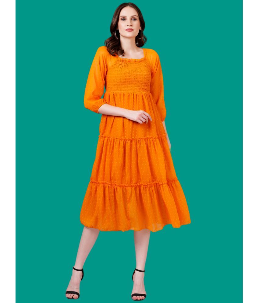     			Oh Mi Dios Georgette Solid Calf-Length Women's Empire Dress - Orange ( Pack of 1 )