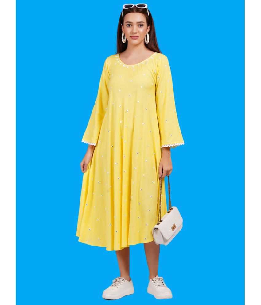     			Oh Mi Dios Viscose Rayon Solid Calf-Length Women's Fit & Flare Dress - Yellow ( Pack of 1 )