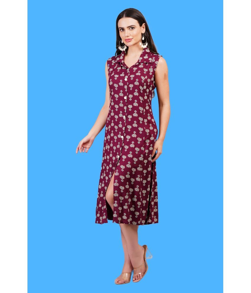     			Oh Mi Dios Viscose Rayon Printed Calf-Length Women's A-line Dress - Maroon ( Pack of 1 )