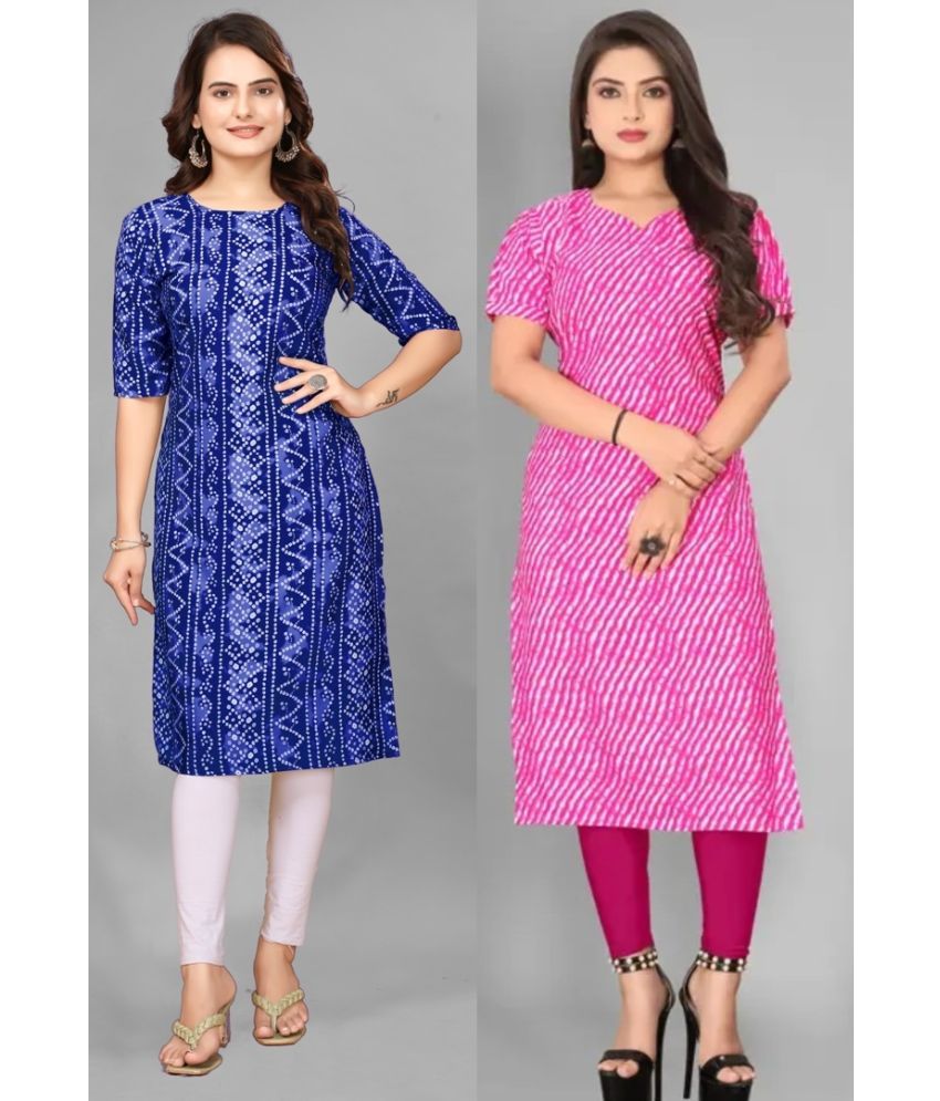     			PEAFOWL INCORPORATION Pack of 2 Crepe Printed Straight Women's Kurti - ( Pink,Blue )