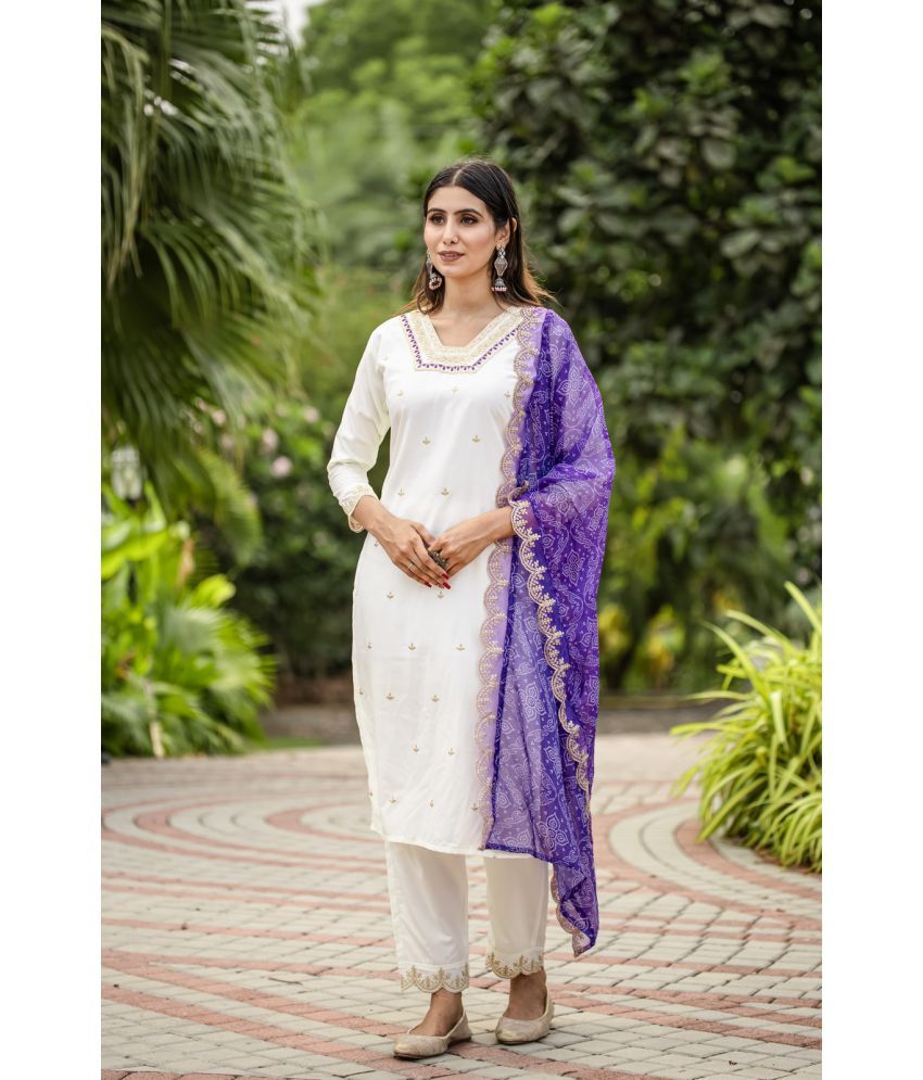     			SHRIMORI Silk Blend Embroidered Kurti With Pants Women's Stitched Salwar Suit - Cream ( Pack of 1 )