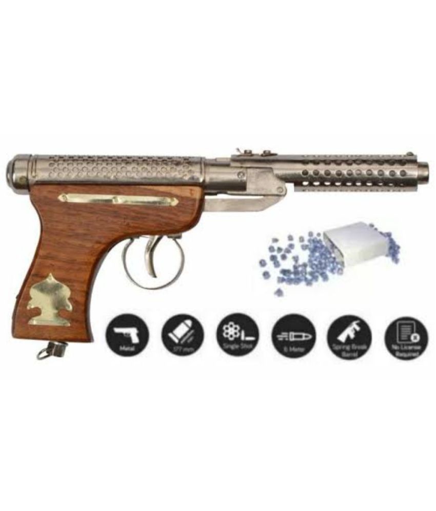     			Brown Handel Golden Printed Air Pistol Metal Gun / Bandook With Free Cover And 200 Pellets / Bullets For Adults