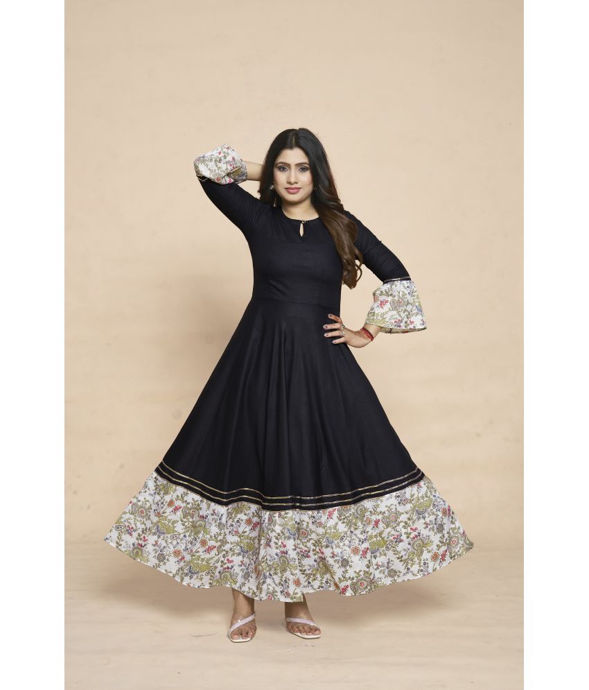     			MEESORRA Pack of 1 Rayon Printed Anarkali Women's Kurti - ( Black )