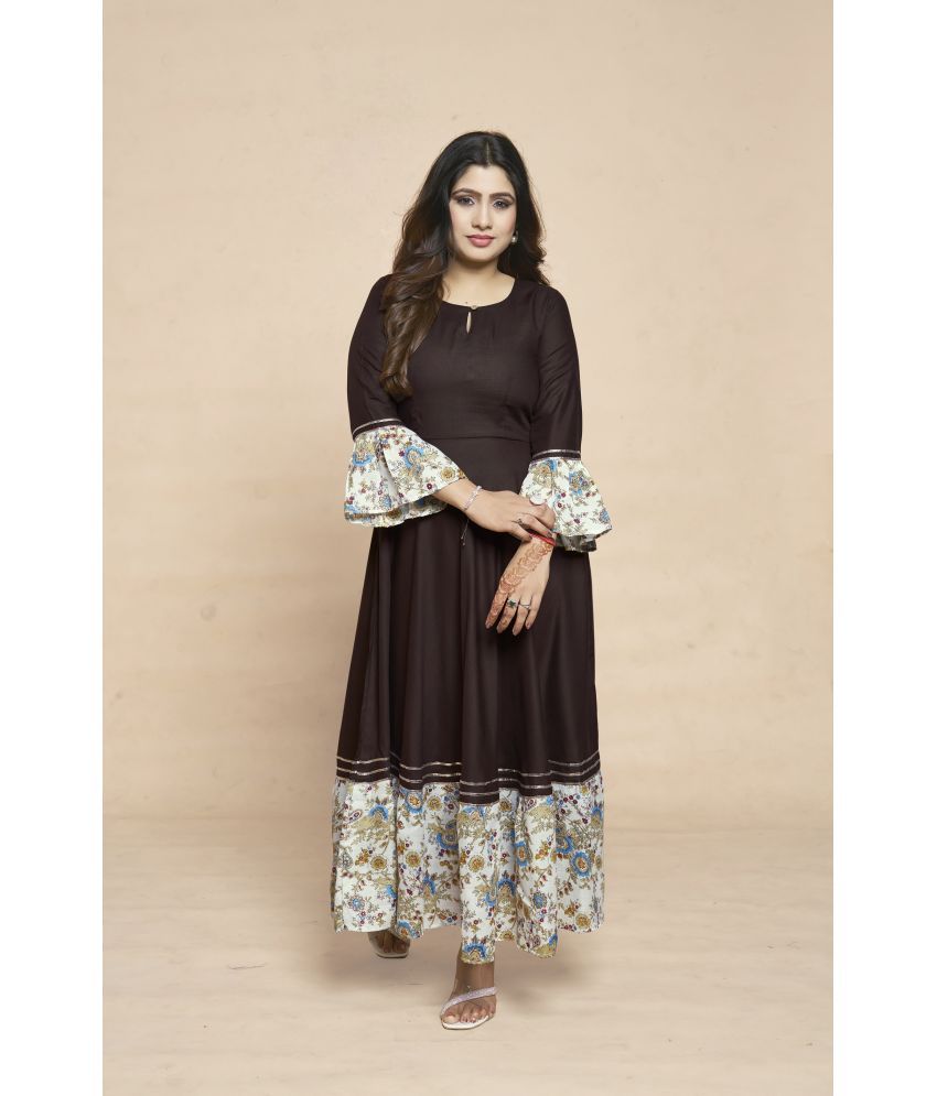     			MEESORRA Pack of 1 Rayon Printed Anarkali Women's Kurti - ( Coffee )