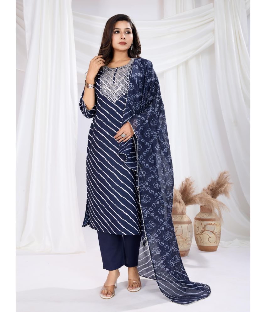     			RAS RANI Cotton Blend Printed Kurti With Pants Women's Stitched Salwar Suit - Dark Blue ( Pack of 1 )