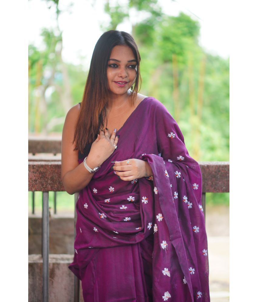     			SARADA HANDLOOM Cotton Embroidered Saree With Blouse Piece ( Purple , Pack of 1 )