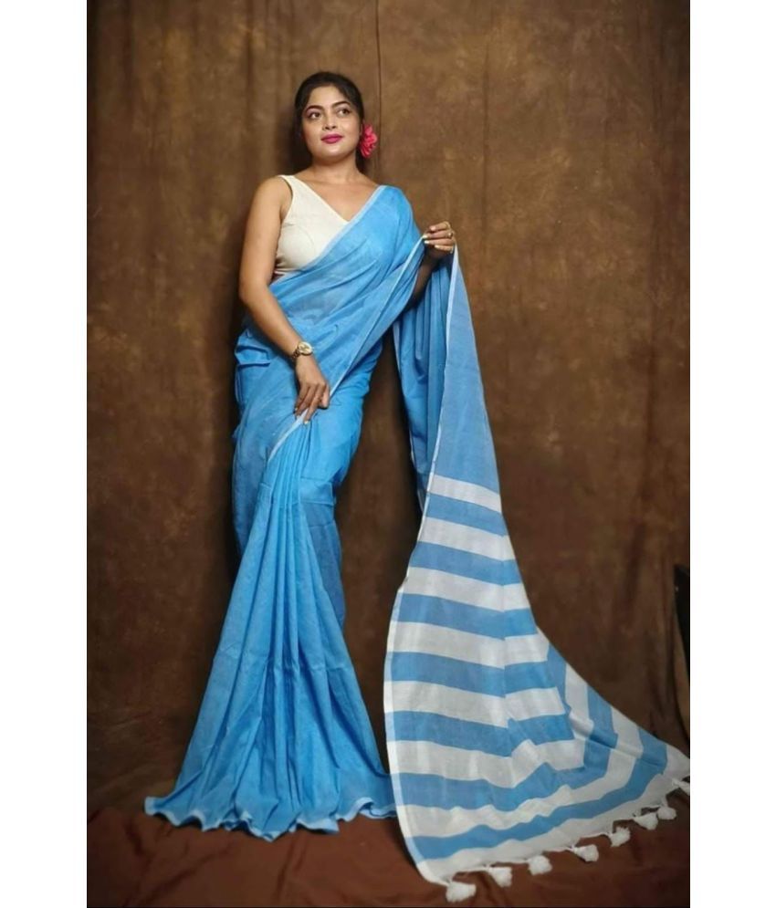     			SARADA HANDLOOM Cotton Striped Saree With Blouse Piece ( Blue , Pack of 1 )