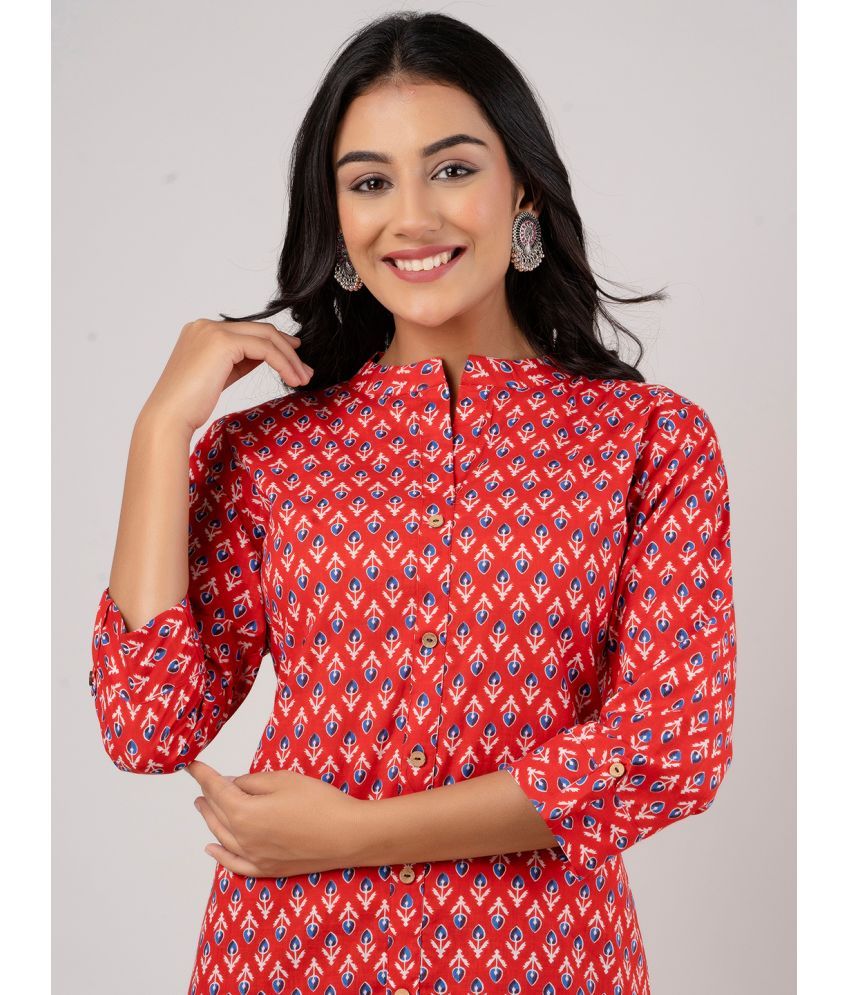     			feranoid Pack of 1 Cotton Blend Printed Straight Women's Kurti - ( Red )