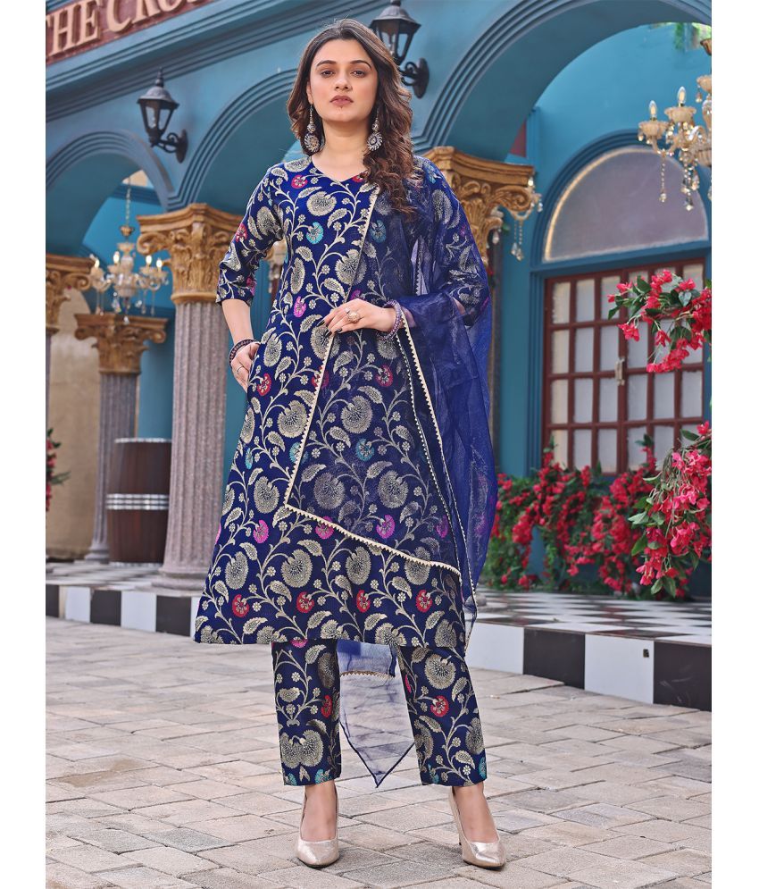     			Trijal Fab Silk Blend Self Design Kurti With Pants Women's Stitched Salwar Suit - Blue ( Pack of 1 )