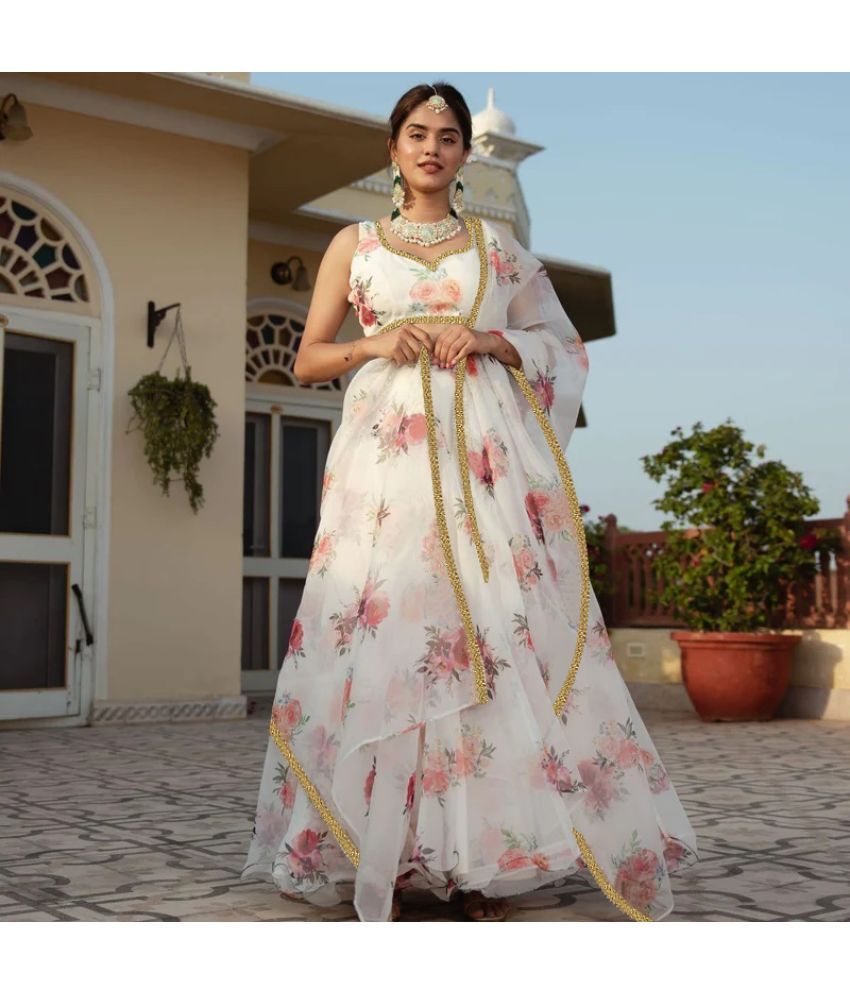     			Trijal Fab White Organza A-line Semi Stitched Lehenga Single