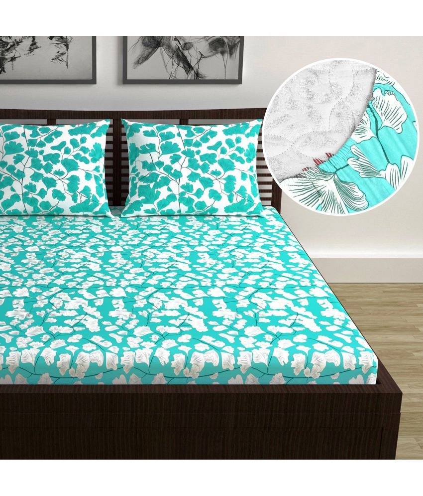     			DIVINE CASA Poly Cotton Floral Fitted 1 Bedsheet with 2 Pillow Covers ( Double Bed ) - Sky Blue