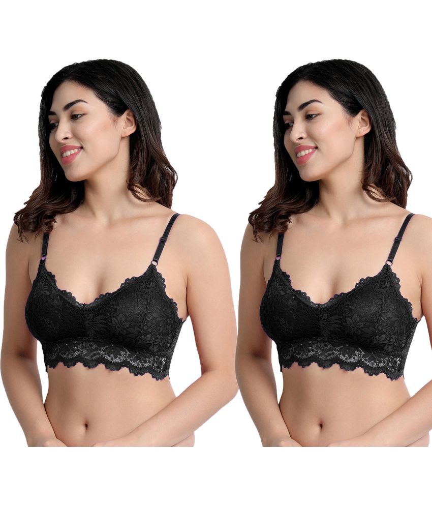     			Flenzy Pack of 2 Lace Lightly Padded Bralette Bra For Women ( Black )