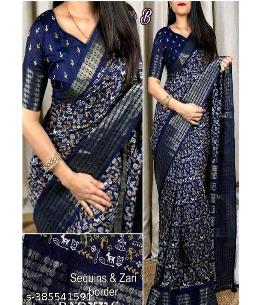     			Gullak Pack of 1 Chanderi Printed Saree With Stitched Blouse ( Navy Blue )