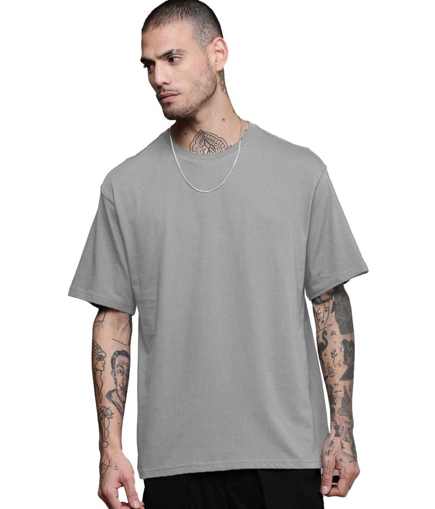     			Leotude Cotton Blend Oversized Fit Solid Half Sleeves Men's Round T-Shirt - Grey ( Pack of 1 )