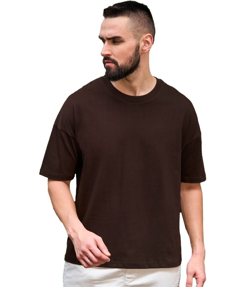     			Leotude Cotton Blend Oversized Fit Solid Half Sleeves Men's Round T-Shirt - Brown ( Pack of 1 )