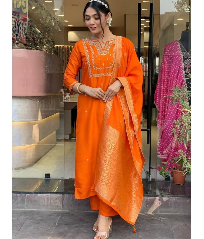     			Niza Fashion Viscose Embroidered Kurti With Pants Women's Stitched Salwar Suit - Orange ( Pack of 1 )