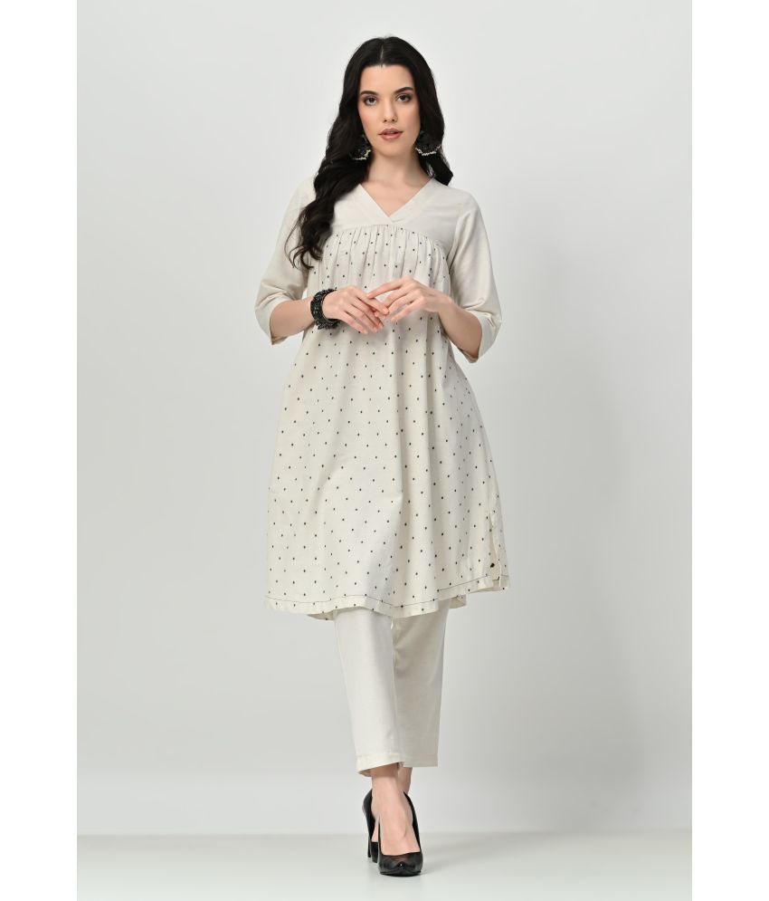     			OTIRA Cotton Blend Printed Kurti With Pants Women's Stitched Salwar Suit - Cream ( Pack of 1 )