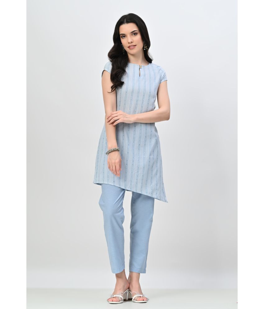     			OTIRA Cotton Blend Striped Kurti With Pants Women's Stitched Salwar Suit - Light Blue ( Pack of 1 )