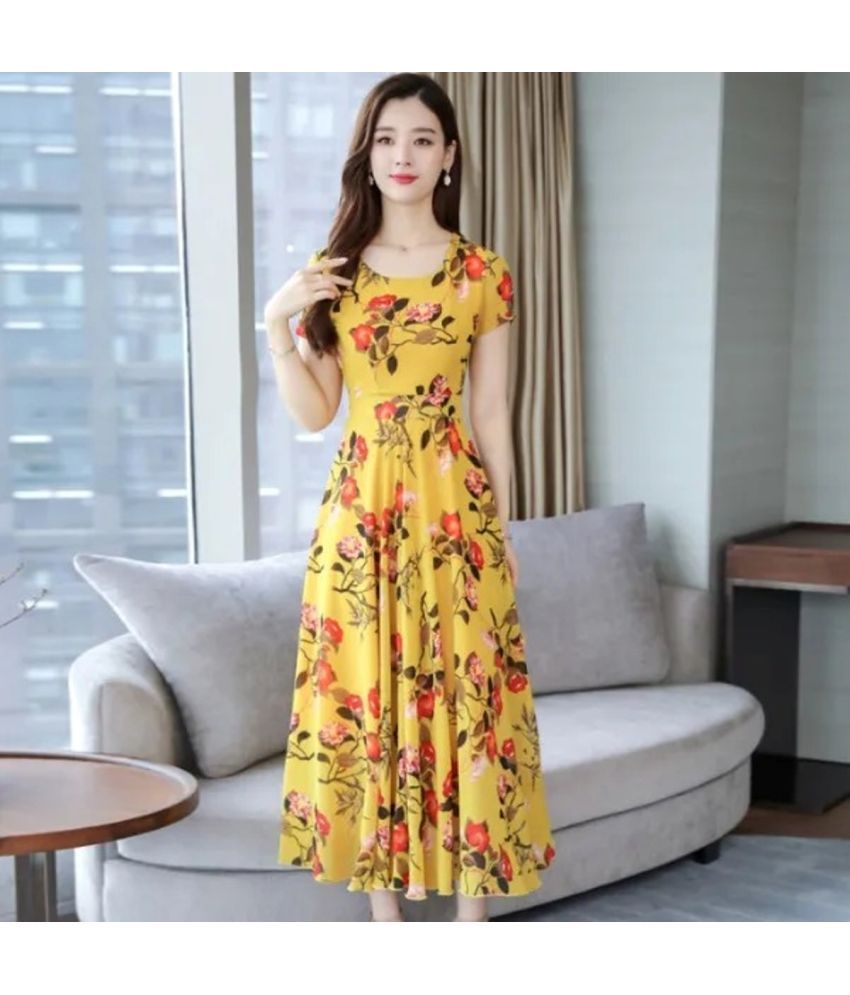     			RAABTA FASHIION Crepe Printed Midi Women's Fit & Flare Dress - Yellow ( Pack of 1 )