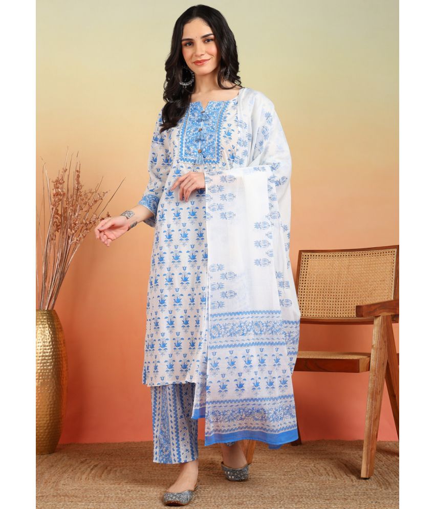     			Yash Gallery Cotton Printed Kurti With Pants Women's Stitched Salwar Suit - Blue ( Pack of 1 )