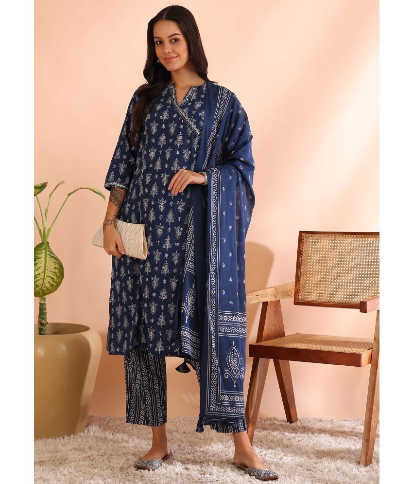     			Yash Gallery Cotton Printed Kurti With Pants Women's Stitched Salwar Suit - Blue ( Pack of 1 )