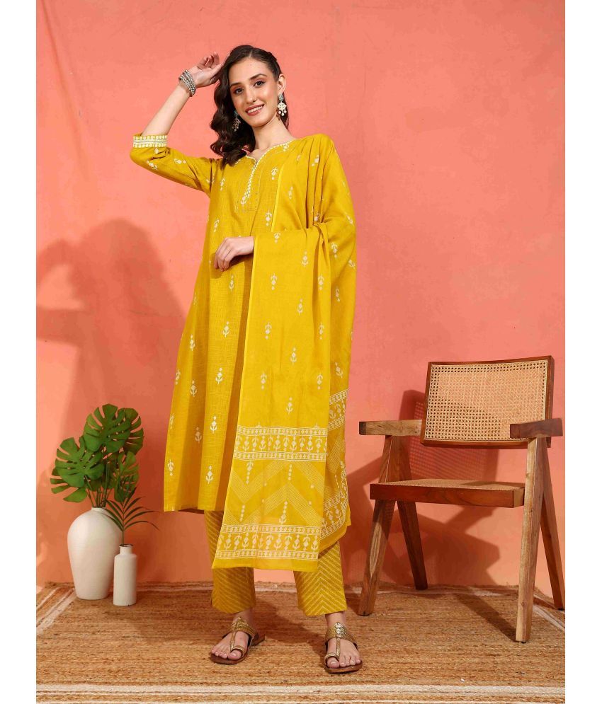     			Yash Gallery Cotton Printed Kurti With Pants Women's Stitched Salwar Suit - Mustard ( Pack of 1 )