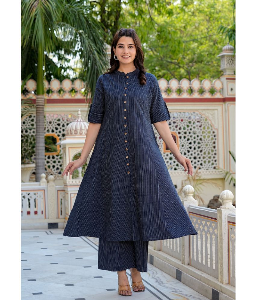     			Yash Gallery Cotton Striped Kurti With Pants Women's Stitched Salwar Suit - Blue ( Pack of 1 )