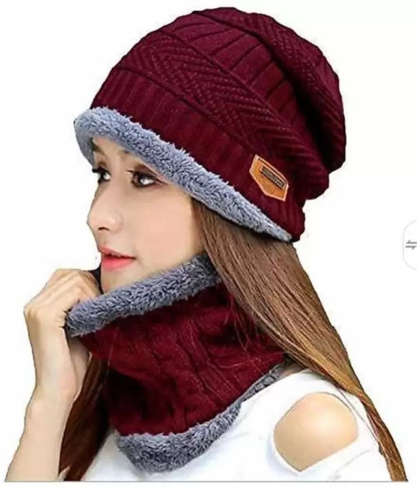     			AKSMIT Maroon Woollen Women's Cap ( Pack of 2 )