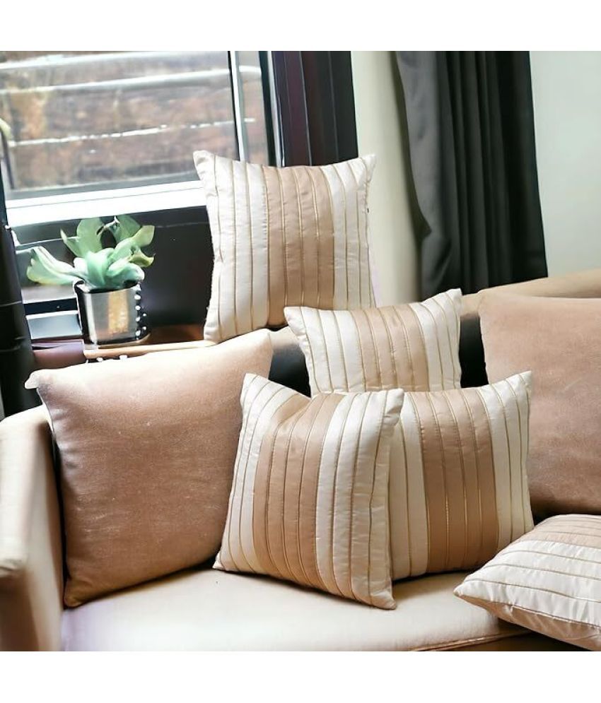     			Awesome Craft Set of 5 Polyester Colorblock Square Cushion Cover (40X40)cm - Beige