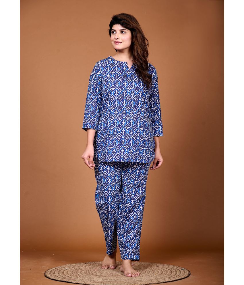     			VAALIYAN Blue Printed Pant Top Set