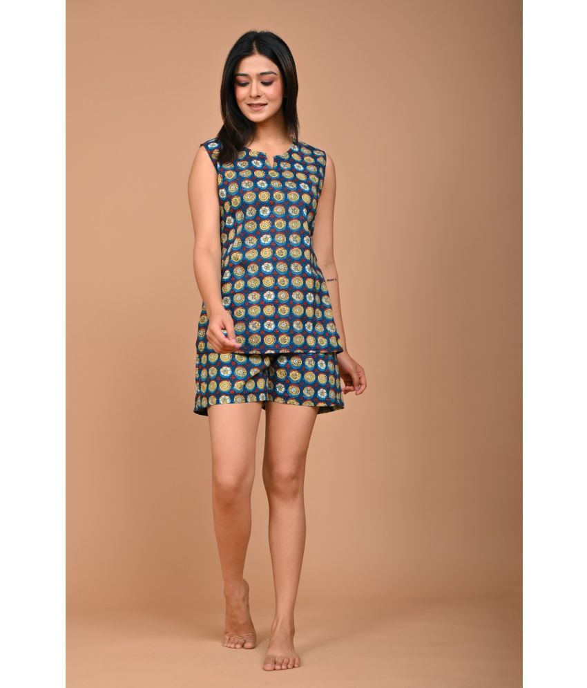     			VAALIYAN Blue Printed Shorts Top Set