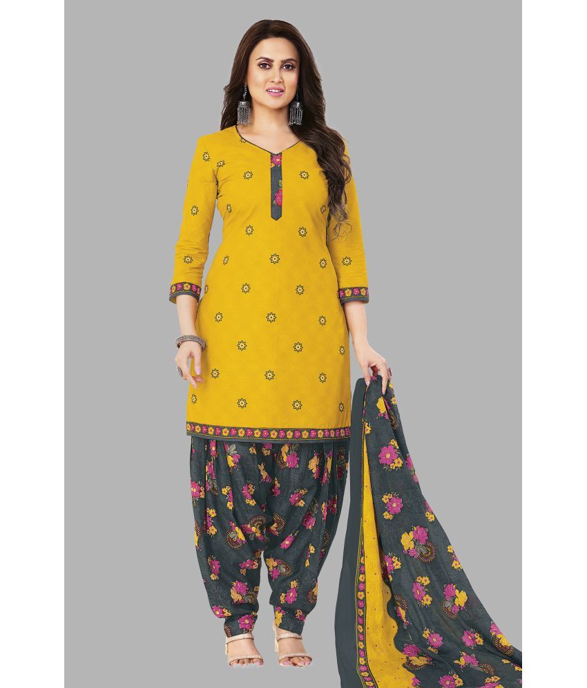     			shree jeenmata collection Unstitched Cotton Printed Dress Material - Yellow ( Pack of 1 )