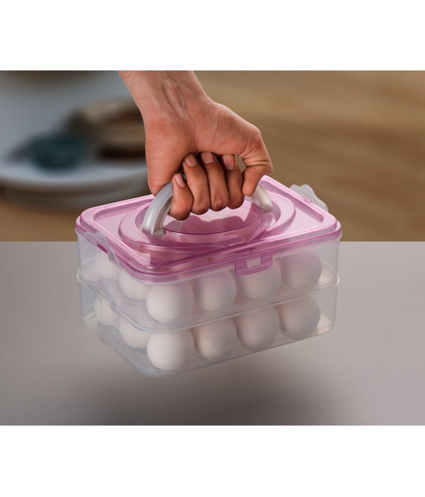     			2 Layer Plastic Egg Refrigerator Storage Tray Stackable/ Egg Storage Containers For Fridge AND Kitchen Egg Storage Basket With Carry Holder (pack of 1,pink)