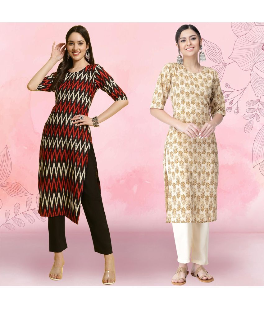     			Ethnicbasket Crepe Printed Kurti With Pants Women's Stitched Salwar Suit - Beige ( Pack of 2 )