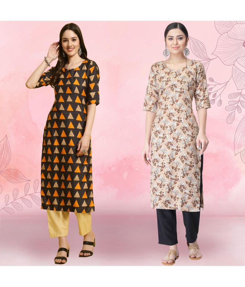     			Ethnicbasket Crepe Printed Kurti With Pants Women's Stitched Salwar Suit - Beige ( Pack of 2 )