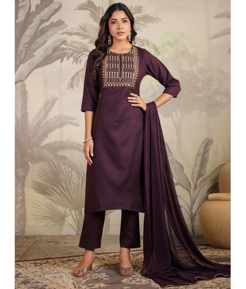     			Janasya Cotton Blend Embroidered Kurti With Pants Women's Stitched Salwar Suit - Wine ( Pack of 1 )