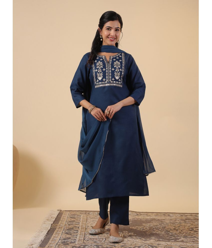     			Janasya Cotton Blend Embroidered Kurti With Pants Women's Stitched Salwar Suit - Teal ( Pack of 1 )