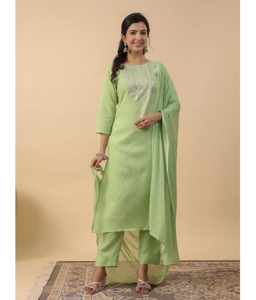     			Janasya Cotton Blend Embroidered Kurti With Pants Women's Stitched Salwar Suit - Light Green ( Pack of 1 )