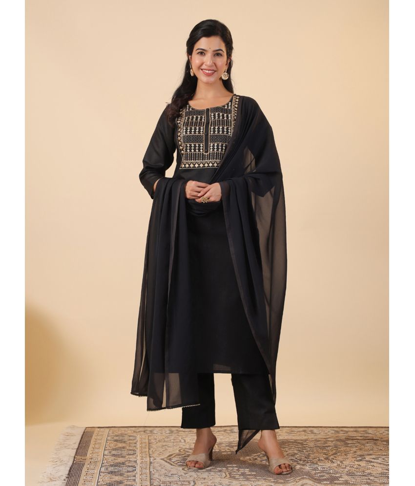     			Janasya Cotton Blend Embroidered Kurti With Pants Women's Stitched Salwar Suit - Black ( Pack of 1 )